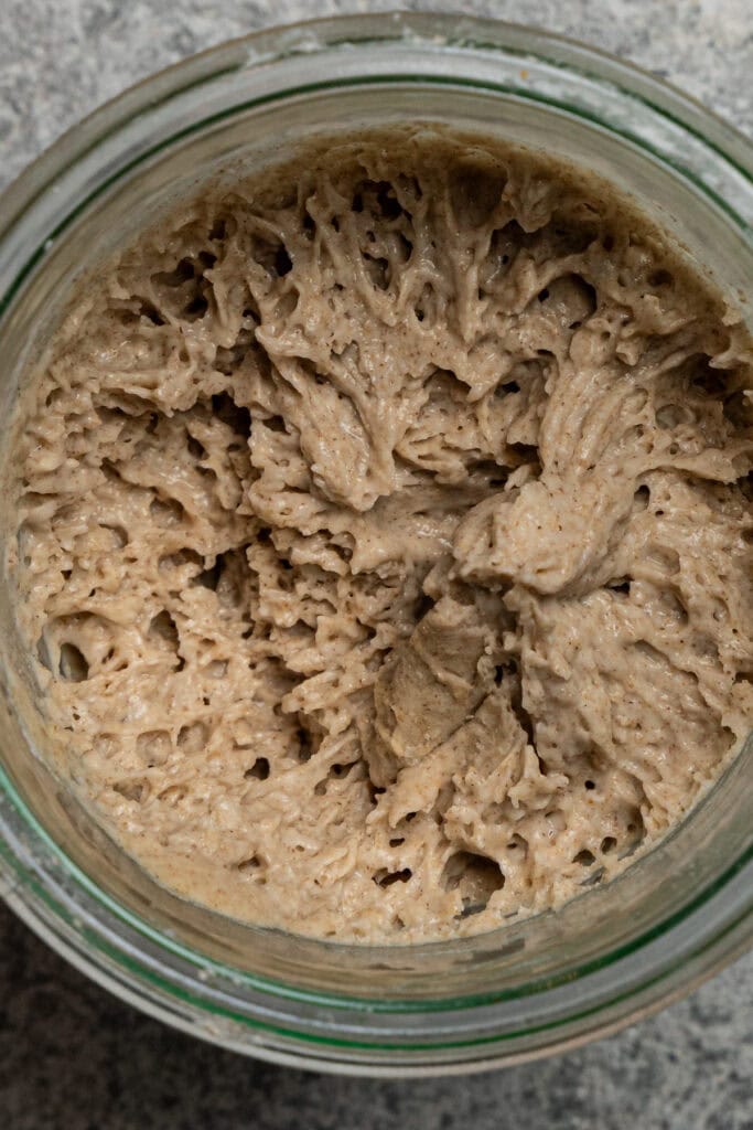 Sauerteig Ansatz von oben mit typischer Bläschenbildung